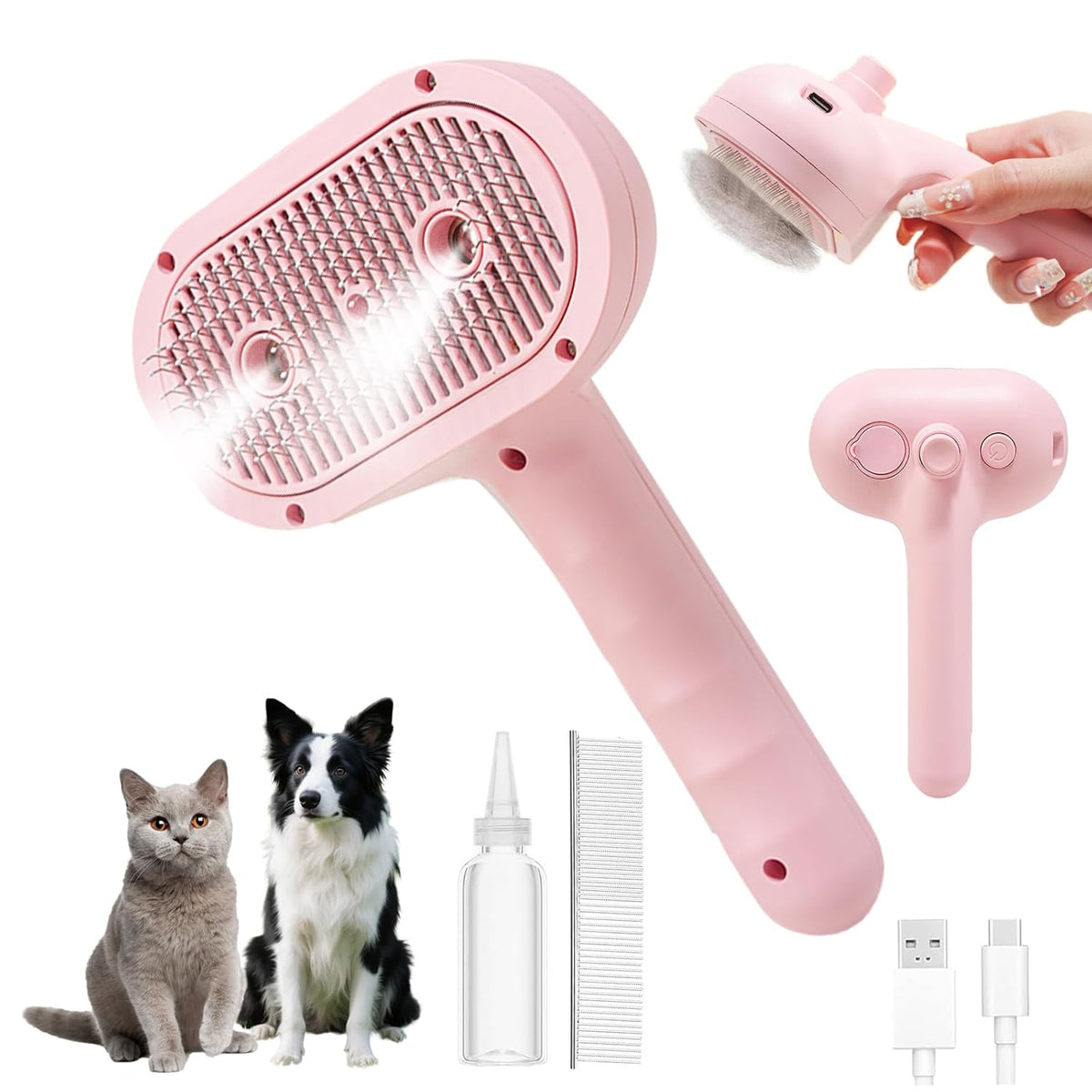 Self-Cleaning Steam Pet Brush - 3-in-1 Grooming Brush for Cats & Dogs