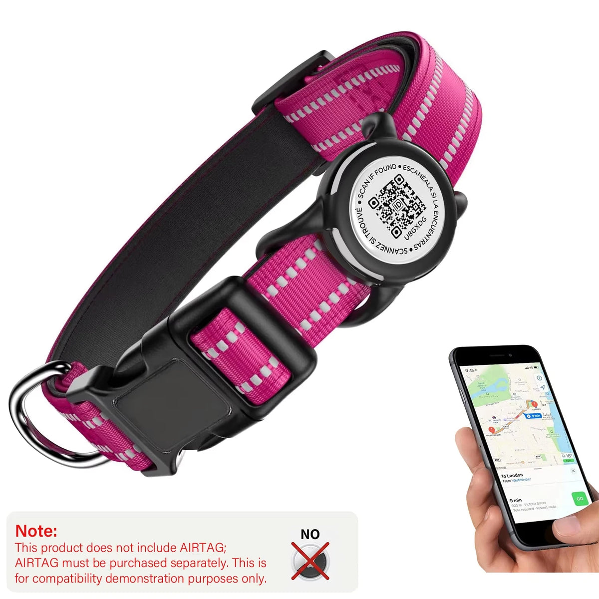 Waterproof Dog Collar with AirTag Holder - Reflective, Padded & QR Code ID