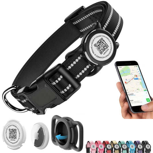 Waterproof Dog Collar with AirTag Holder - Reflective, Padded & QR Code ID